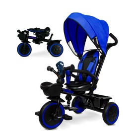 KRIDDO 7-in-1 Tricycle Stroller for Toddlers 18 Months to 5 Years, Adjustable Push Handle, Rotatable Seat, Cup Holder and Retractable Canopy, Folding Baby Trike w/Detachable Guardrail, Footrest, BU