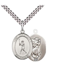 Mens Medium Oval Pewter Saint Christopher Baseball Medal Pendant on 24" Rhodium Plated Heavy Curb Brass Chain w/ Lobster Claw Clasp, Catholic Religious Necklace - Made in USA-Velvet Gift Box