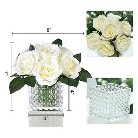 GreenHouzz Artificial Peony Silk Flower Centerpieces Faux Floral Arrangement in Glass Vase for Home Wedding Table Decoration (Cream)