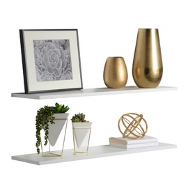 2-Pack Floating Shelves 36" x 8" x 0.5", White - Reforested Natural Wood Shelves - Thin Floating Shelf Easy Install - Decorations For Bedroom, Bathroom, or Kitchen - Modern Minimalist Aesthetic Decor