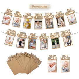 1st Birthday Photo Banner for Baby from Newborn to 12 Months, First Birthday Decorations for Boys or Girls, Pre-Strung One Year Old Photo Banner with Frame, Monthly Milestones Garland (Kraft)