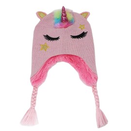Kids Girls Winter Unicorn Beanie Hat Shining Glitter Knitted Earflap Fleece Lined Cap Toddler Little Girls Pink