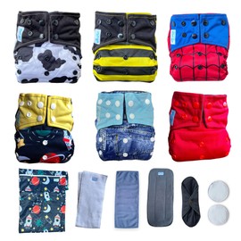OKOLO Premium Cloth Diapers for Babies, Full Eco 6-Pack, Reusable Baby Diaper, Newborn Diapers, Diapers Size 4, Diapers Size 5, Diapers Size 1, All-in-One (Thematic)