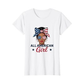 Black African American USA Girl Flag Bow Patriotic 4th July T-Shirt