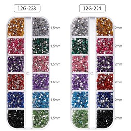 AAGWW Nail Art Parts, Aurora Tone 3D Nail Accessories, Nail Artificial Diamond, Shine, 24 Types, Various Styles, Boxed Set, Colorful Rhinestones, For Decoration, Combination Set, 0.06 inch (1.5 mm), 0.1 inch (2 mm) (Design: #224+#223, Total 2 Box Set)