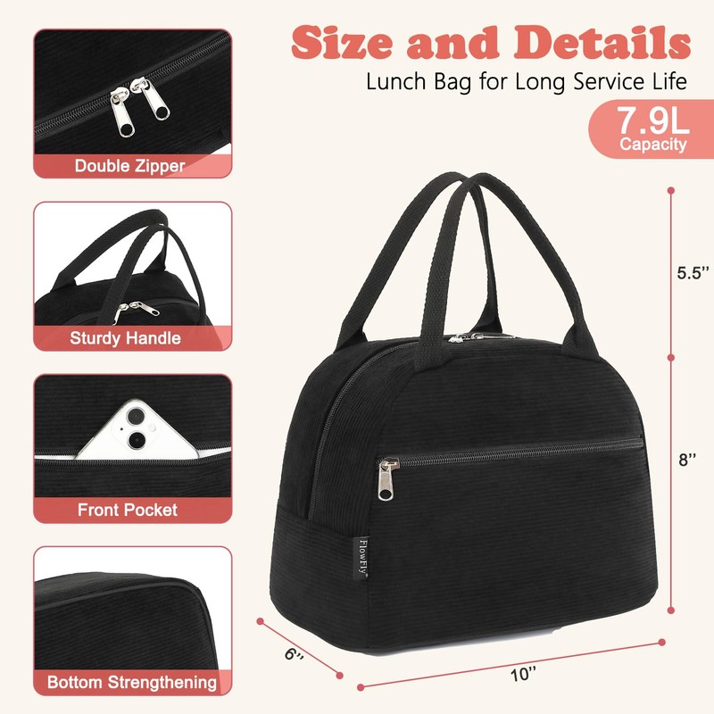 FlowFly Lunch Bag for Women Insulated Lunch Box Corduroy Lunch