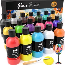 Nicpro 18 Colors Acrylic Glass Paint Set (8.45 oz, 250 ml) Large Bulk Enamel Glass & Ceramic Painting Supplies Kit for Wine Bottle Glass Jars Windows with Sponge & Art Knife, Opaque Gloss Finish
