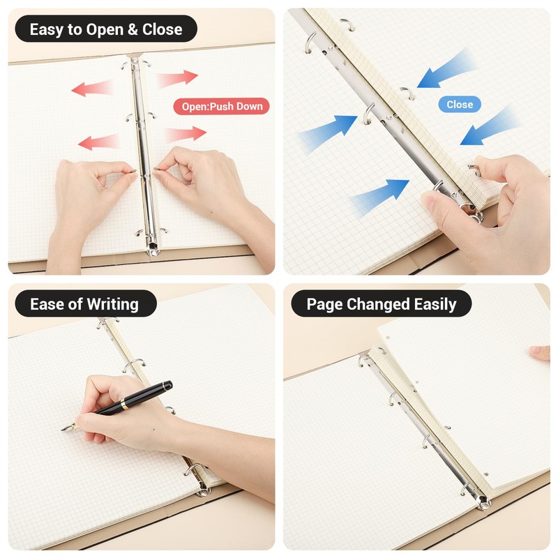 Yarotm Leather Notebook A4 - Ring Binder Squared Paper Notebook