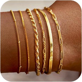 TEWIKY Dainty Bracelets For Women Trendy Jewelry Set For Women Bracelets Paperclip Box Herringbone Figaro Rope Chain Bracelet Fashion Pack Gifts For Fashion Mother's Day Gift - Color: 6Pcs GD Bracelet A