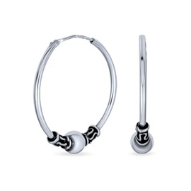 Bali Style Tribal Ball Bead Continuous Endless Round Hoop Earrings For Women Oxidized .925 Sterling Silver 1 Inch Diameter