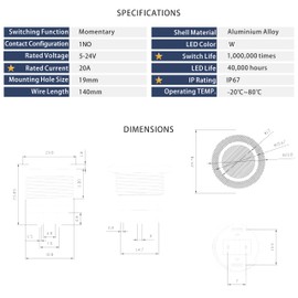 KWONONG LED Momentary Push Button Switch, Aluminum Alloy, IP67 Waterproof 5-24V 20A 1NO, with Wire Socket Plug (1, White, 19mm)