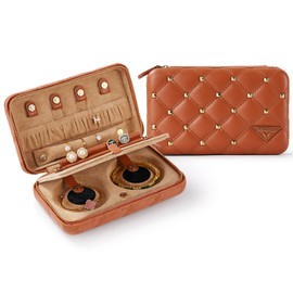 Vee Small Jewellery Box for Women, Portable Travel Jewellery Storage, Diamond Quilted Leather Jewellery Box for Bracelets, Rings, Necklaces, Gift Idea (Brown)