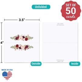 321Done Floral Place Cards 3.5" x 2" (Set of 50) Blank for Name Food Table Setting Dinner Party Seating Wedding Reception Buffet Tent Style Rustic Red Roses on White - Made in USA