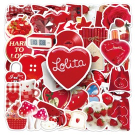 50PCS Red Aesthetic Stickers for Water Bottle,Notebook,Guitar,Bumper,Laptop,Luggage,Suitcase,Cute Cartoon Waterproof Vinyl Sticker,Teens Adults Sticker,Trendy Retro Graffiti Stickers