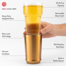 Elevated Craft Hybrid Vacuum Insulated Stainless Steel Base with Removable Pint Glass Insert, Ideal Insulation for Beers & Cold Beverages with Built-in Bottle Opener, Durable & Stylish, Copper (16 oz)