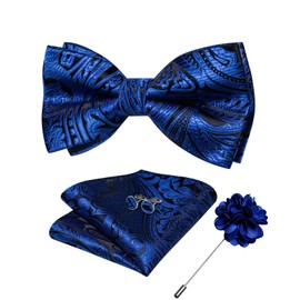 DiBanGu Pretied Bow Ties for Men Blue Bow Tie Silk Paisley Bow Tie Set with Lapel Pin Handkerchief Cufflinks Wedding Prom