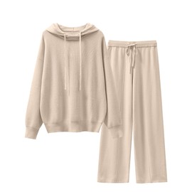 ANRABESS Women 2 Piece Outfits Sweater Sets Loose Long Sleeve Hoodies Knit Pullover Wide Leg Pants 2025 Fall Lounge Sweatsuit Beige Small