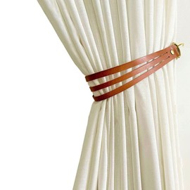 Leather Curtain Tieback, glrovazas Three-Layer Leather Curtain Rod Holder 2Pcs Drapery Belt Window Treatment Tie-Back with Hooks Curtain Buckle for Home Office Living Room Decorative (Red-Brown)