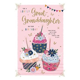 'Great-Granddaughter' Open Birthday Card for Girls - Floral Cupcakes with Sentiment Verse Embossed with Gold Foil - Made in the UK by IC&G
