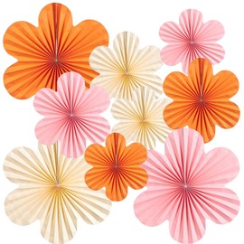 Pack of 9 Paper Fan Decoration, Paper Flowers for Hanging, Pink Beige Orange Flowers Paper Set for Wedding, Birthday, Baby Shower, Table Decoration, Backdrop, Garland, Party Decoration (Rose Beige)