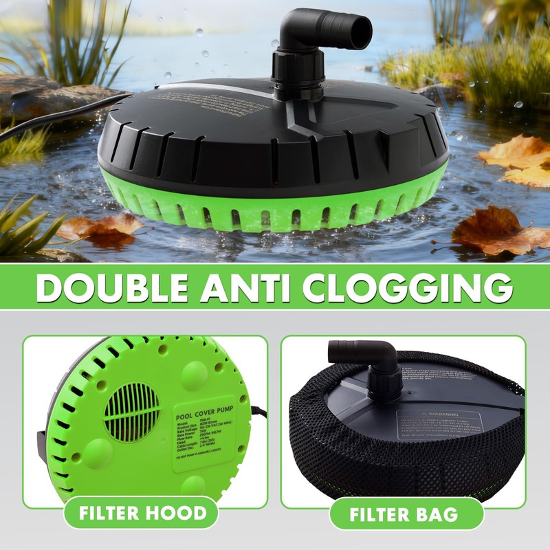 Aarcinhke Automatic Pool Cover Pump, 1500GPH Submersible Sump Pump, Green