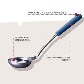Fackelmann Essential Stainless Steel Ladle with Dark Blue Handle - Perfect for Serving Soups and Stews, Dishwasher Safe