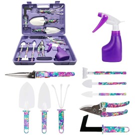 NARA CO Garden Tool Set, 11 Pcs Gardening Tools Purple Floral Print. Best Gift for Women: Handle Trowel, Rake, Pruning, Shear, Sprayer, Shovel, and Gloves That Includes a Pruning Shears Carrying Case