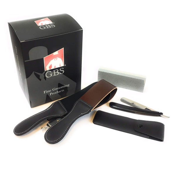 GBS Professional 4pc Straight Razor Shaving Kit - Comes with High Quality Straight Razor with Ebony Wood Handle, Leather case for Travel, Sharpening Stone, and 2" x 22" Leather strop with Swivel Clip