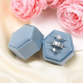 WantGor Velvet Jewelry Ring Box, 3 Slots Hexagon Ring Gift Box Vintage Ring Display Holder Case for Wedding Ceremony Proposal Engagement (Ocean Blue)