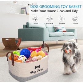Large Cotton Dog Toy Basket, 16.5"x10.6"x7.5" - Perfect for Organizing Pet Toys, Blankets, Leashes, Coat & More - Beige Gray