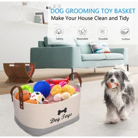 Large Cotton Dog Toy Basket, 16.5"x10.6"x7.5" - Perfect for Organizing Pet Toys, Blankets, Leashes, Coat & More - Beige Gray