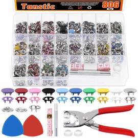 Tanstic 807Pcs(200 Sets) Snap Fasteners with Setting Tool Kit, 9.5mm 10 Colors Hollow and Solid Metal Prong Snaps Buttons with Fastener Pliers, Punch, Soft Ruler, Sewing Chalk for Sewing Crafting