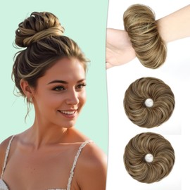 Qunlinta Messy Bun Hair Piece, 2 PCS Hair Buns Scrunchies Extensions Synthetic Fake Bun Chignon Updo Hairpieces for Women Girls Light Brown Mix Ash Blonde