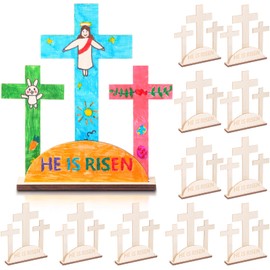 Blueweenly 6 Sets DIY Wooden Crosses He is Risen Cross Craft Kits Make Your Own Jesus for Easter Decor Cross Art Sign with Base Wooden Ornament for Church Christian First Communion Baptism
