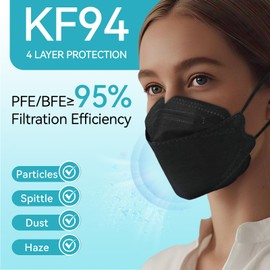 RTUPUYIP 60pcs KF94 mask,Disposable Black Masks,4 layers Protection Filter Efficiency>95%,Double line nasal frame,Highly elastic ear straps,Breathable comfort,Suitable men women daily use