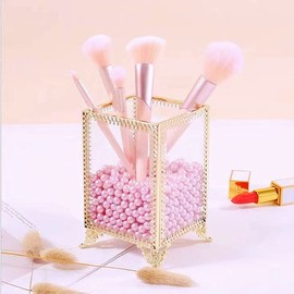 HKS Makeup Brush Holder Vintage Glass Handmade Organizer with Pink Pearls for Nail Brush, Vanity, Bathroom, Dresser, Countertop - Gold
