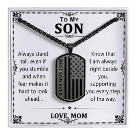 HEYOLL Gifts for Son from Mom Mother, To My Son Dog Tag Necklace Best Son Ever American Flag Pendant Jewelry Presents Valentines Birthday Christmas Father's Day Gifts Teenage Boys Ages Black