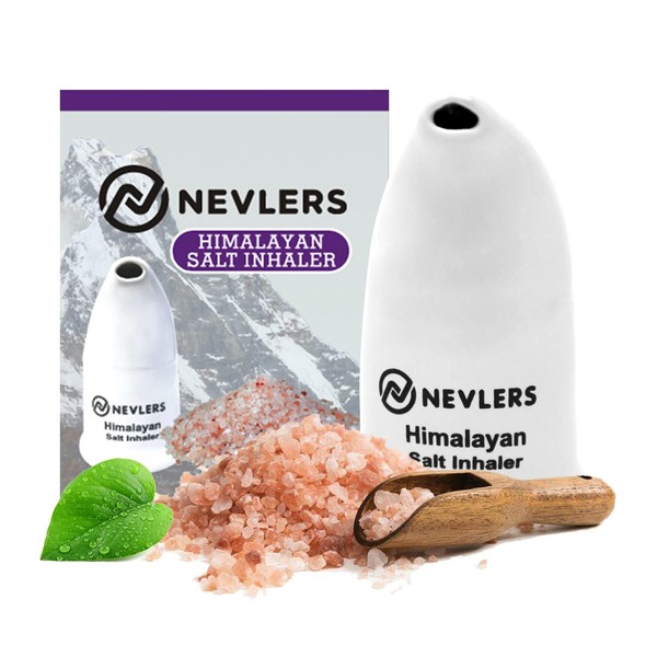 Nevlers Himalayan Salt Inhaler Ceramic with 6 Oz Organic Himalayan Pink Salt Coarse - for Allergies Relief & Other Respiratory/Breathing Problems Incl Asthma - Portable Sea Salt Inhaler - White