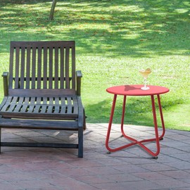 Decksplore Patio Side Table Waterproof Round Metal Steel Weather Resistant Portable Outdoor and Indoor End Table for Garden Balcony Yard, Dark Red