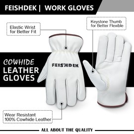 FEISHDEK Cowhide Leather Work Gloves for Men & Women, Durable for Heavy Duty Construction, Gardening, Ranch, Farm Gloves (White-6 Pairs, Large)