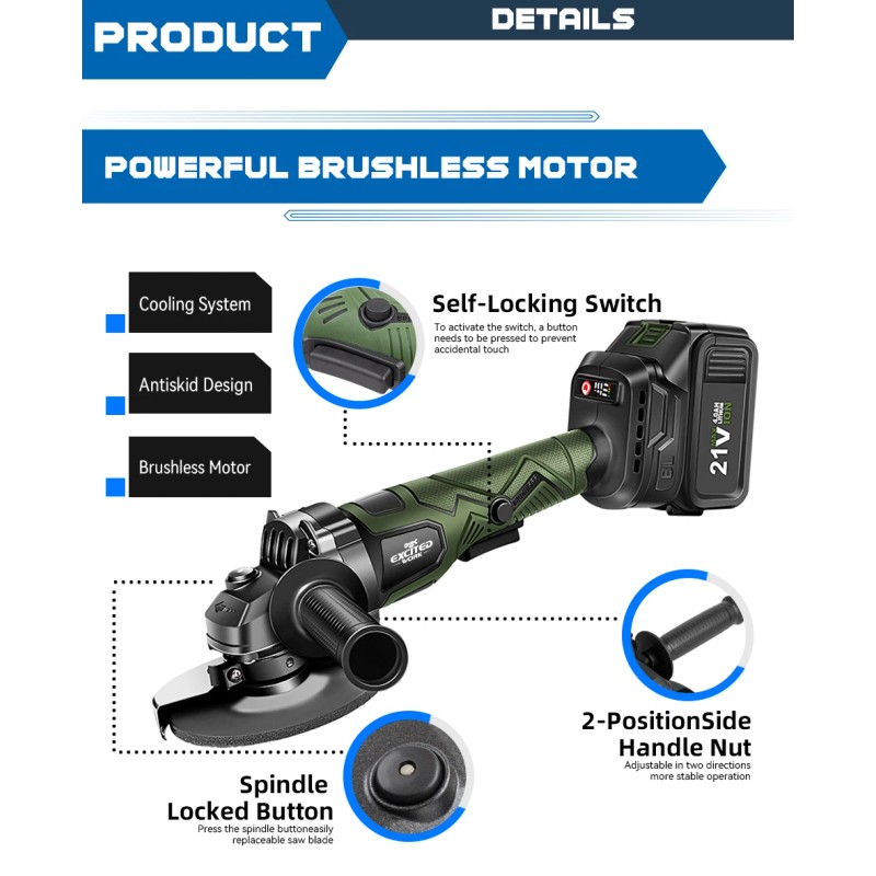 Excited Work 20V Cordless Angle Grinder, 7500RPM Brushless Motorwith 2PCS