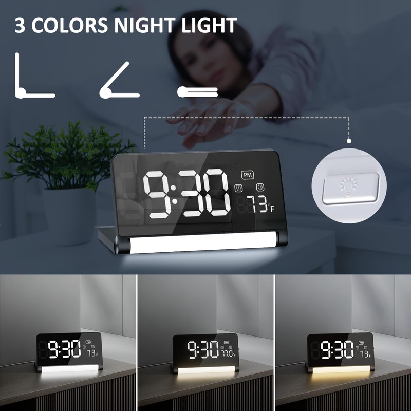 SURPN Digital Alarm Clock for Bedroom, 3-Colour Night Light, Large