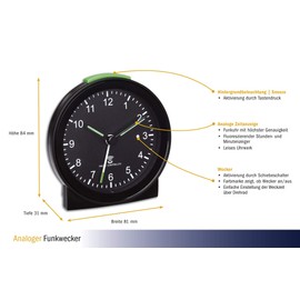 TFA Dostmann Analoger Funk-Wecker, Kunststoff, schwarz, (L) 81 x (B) 31 x (H) 84mm