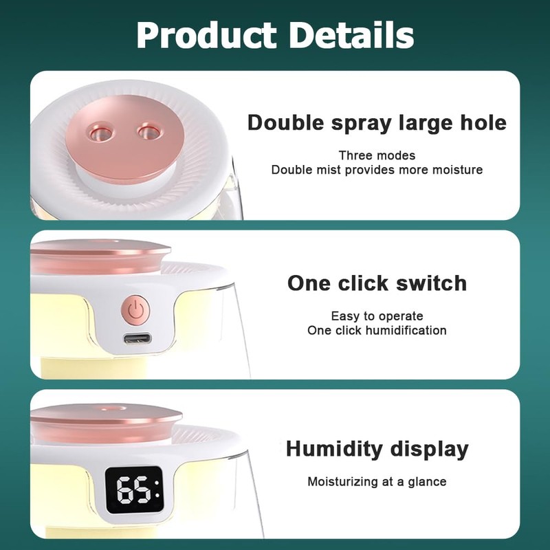 DONGKER Double Spray Humidifier,1L Silent USB Digital Display Humidifier with
