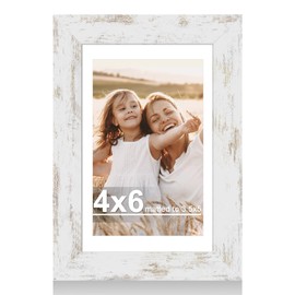 Hongkee 4x6 Picture Frame with Glass, Display Pictures 3.5x5 with Mat or 4 x 6 without Mat - Wall and Tabletop, 4 by 6 Photo Wooden Frames (Distressed White, 1 Pack)