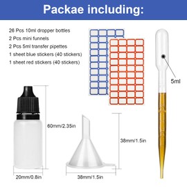 DONQL 10ml Dropper Bottle Small Plastic Bottles Liquid Container Dropper Bottles with 2Set Sticker and 2Piece Funnel and 2Piece Tube and 1 Syringe (26 PCS)