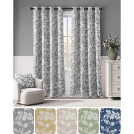 jinchan 100% Blackout Curtains for Bedroom, Grey Scroll Leaf Patterned Curtains 96 Inch Length for Living Room, Farmhouse Vintage Drapes, Thermal Insulated Window Curtains, Grommet 2 Panels Gray