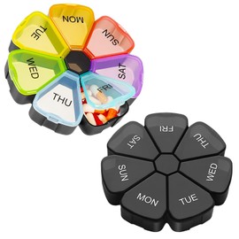 Qeedee Weekly Pill Organizer 2 Pack, Daily Pill Case Travel 7 Day Pill Box Dispenser with Large Compartments and Rainbow Lids Container for Pills, Vitamins, Fish Oil, Rainbow & Black