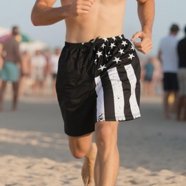 Evankin Mens 4th of July Shorts American USA Flag Trunks Summer Beach Stretch Panties with Pockets and Drawstrings(Black Flag,L)