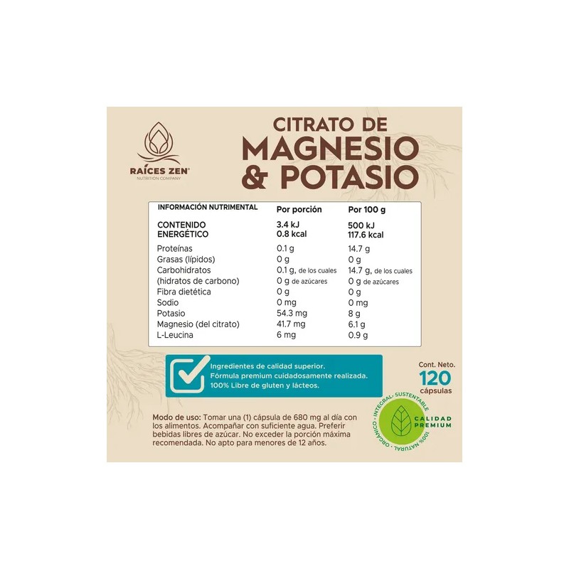 Citrato de Magnesio y Potasio 120 Cápsulas Raíces Zen Super